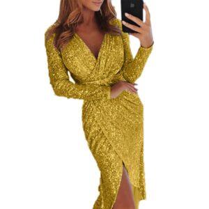 Women’s Deep V-Neck Sequin Dress | Long Sleeve Formal Dress