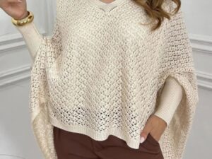 Crochet Oversized Sweater with V-Neck and Batwing Sleeves