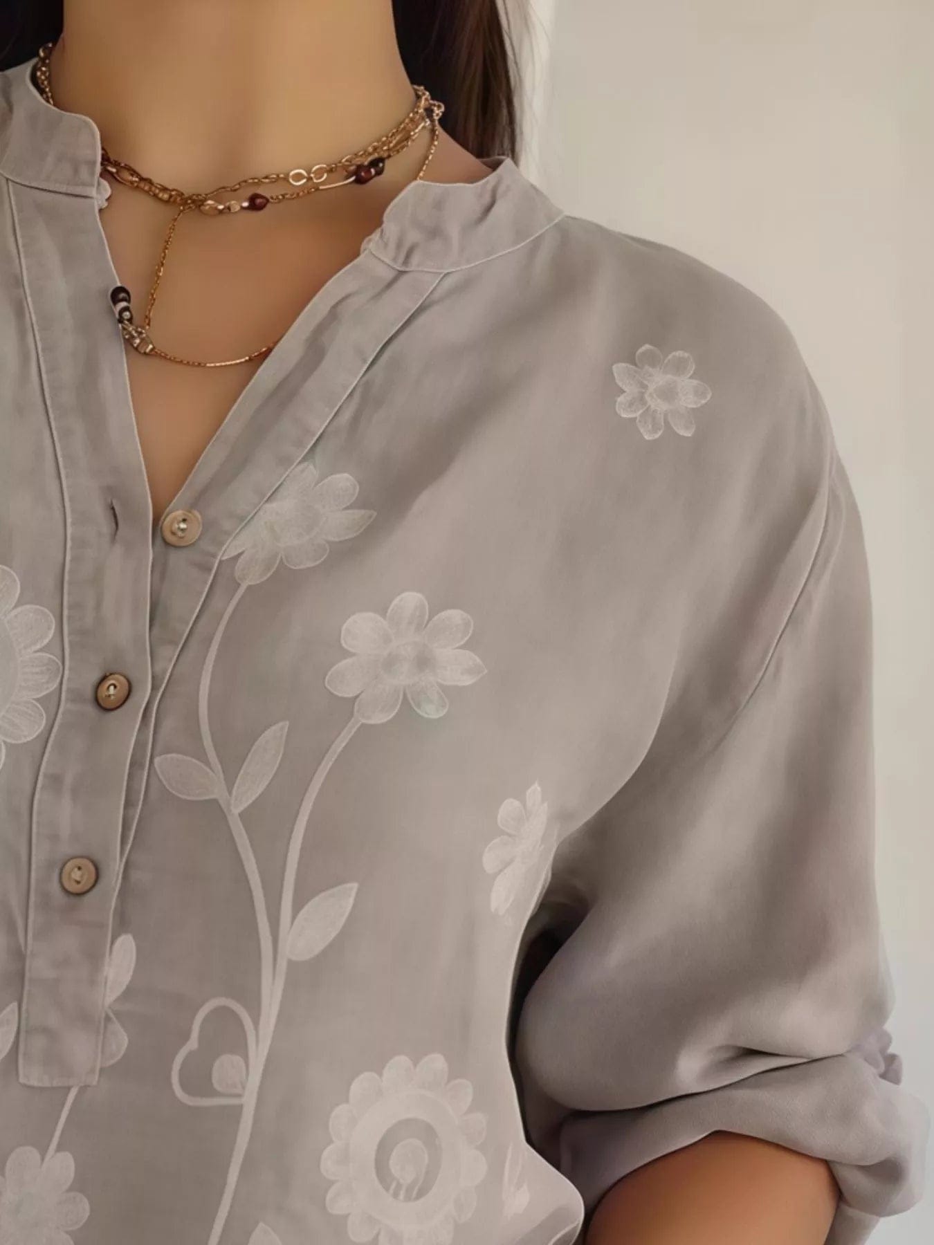 Full Size Plus Size Embroidered Blouse with Floral Button Detail - Image 3