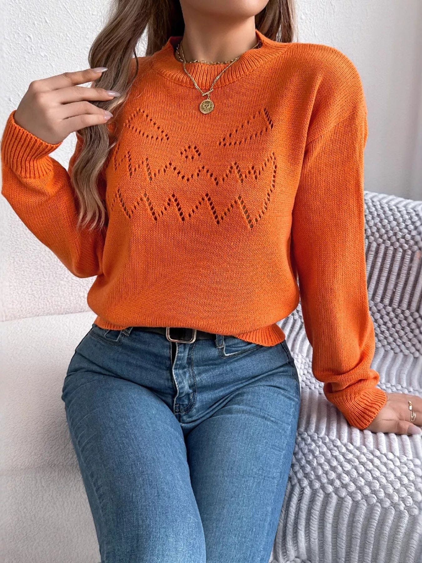 Openwork Long Sleeve Sweater with Round Neck Design - Image 5