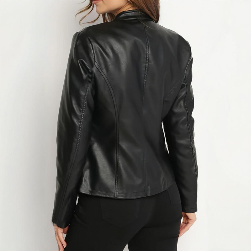 Women's Solid Color Long Sleeve Stand Collar Faux Leather Blazer - Single Button Zippered Jacket For Fall&Winter - Image 5