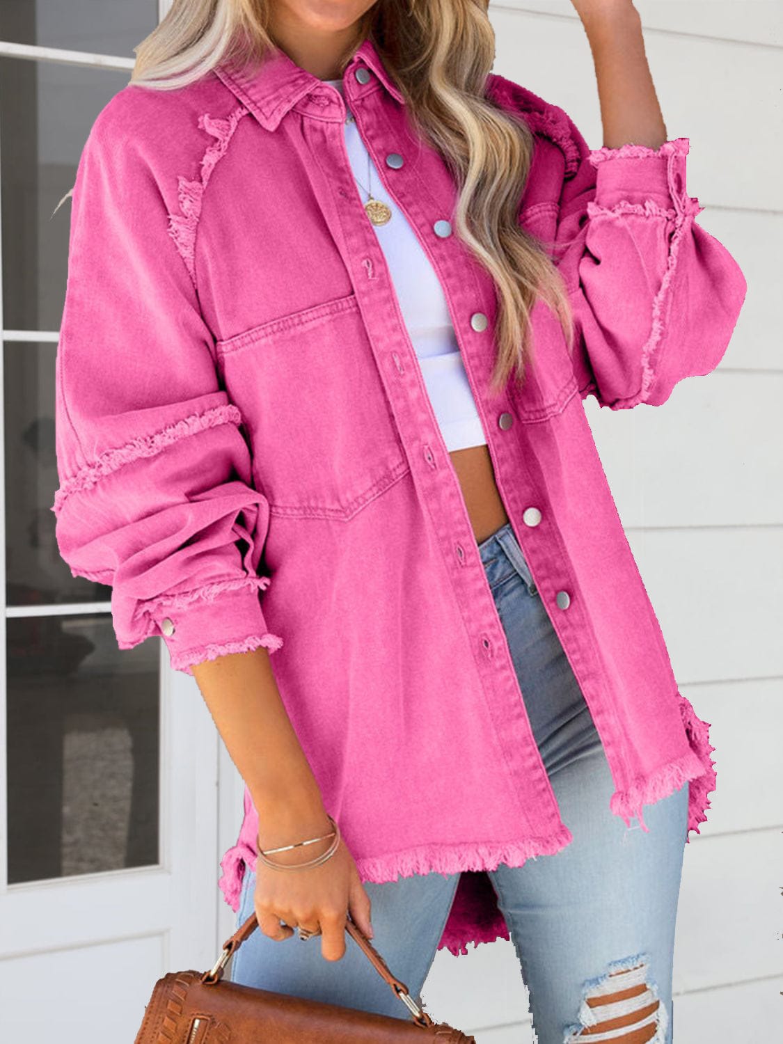 Button Down Denim Jacket with Raw Hem Details