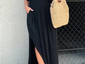 Full Size Plus Size Deep V-Neck Maxi Dress with Side Slit