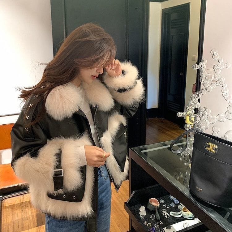 Fox Fur Leather Coat with Elegant Stitching - Image 2