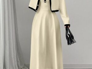 Contrast Trim Maxi Dress Set with Cropped Cardigan