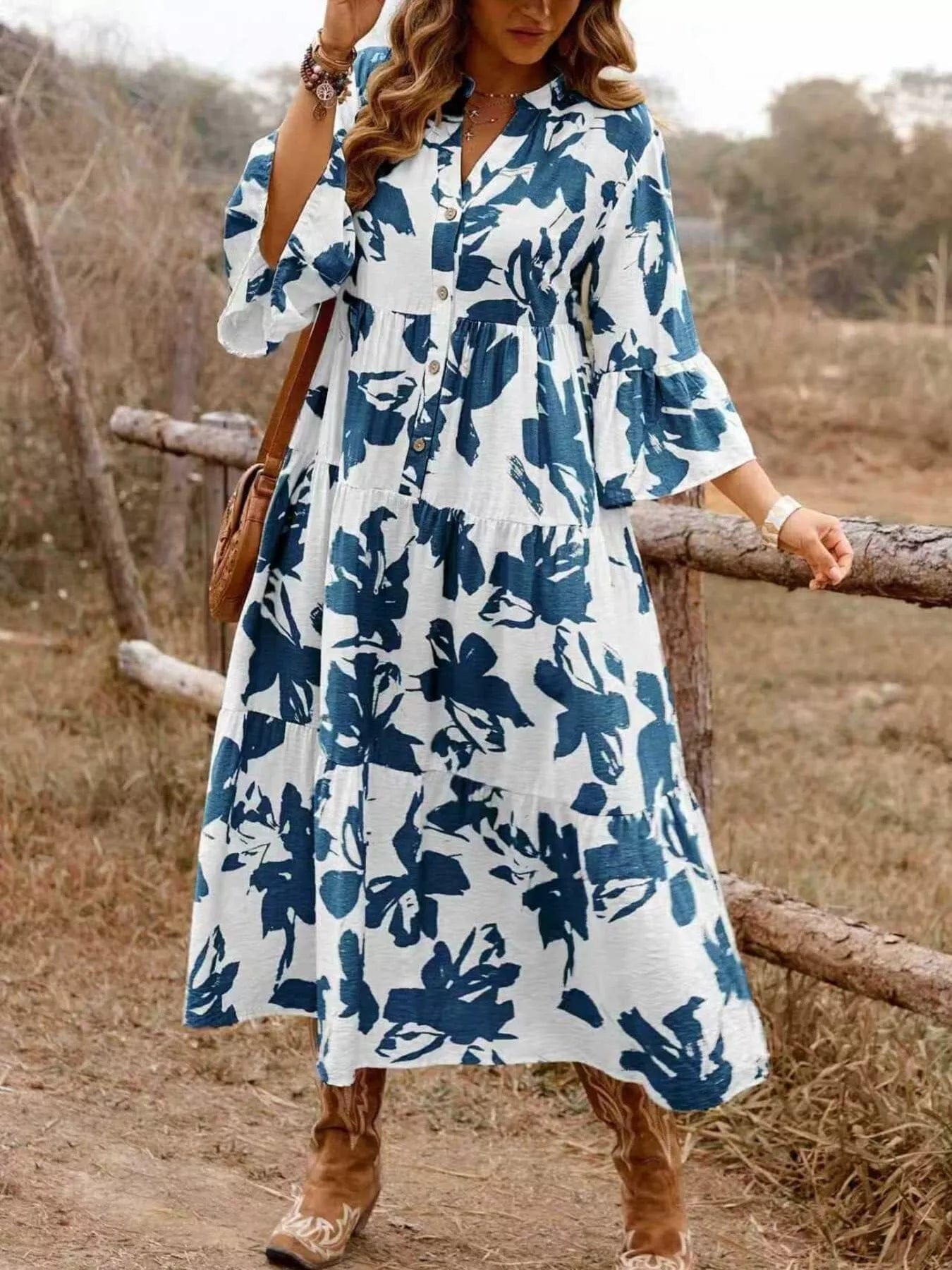 Floral Print Tiered Dress with Button Front Detail - Image 3