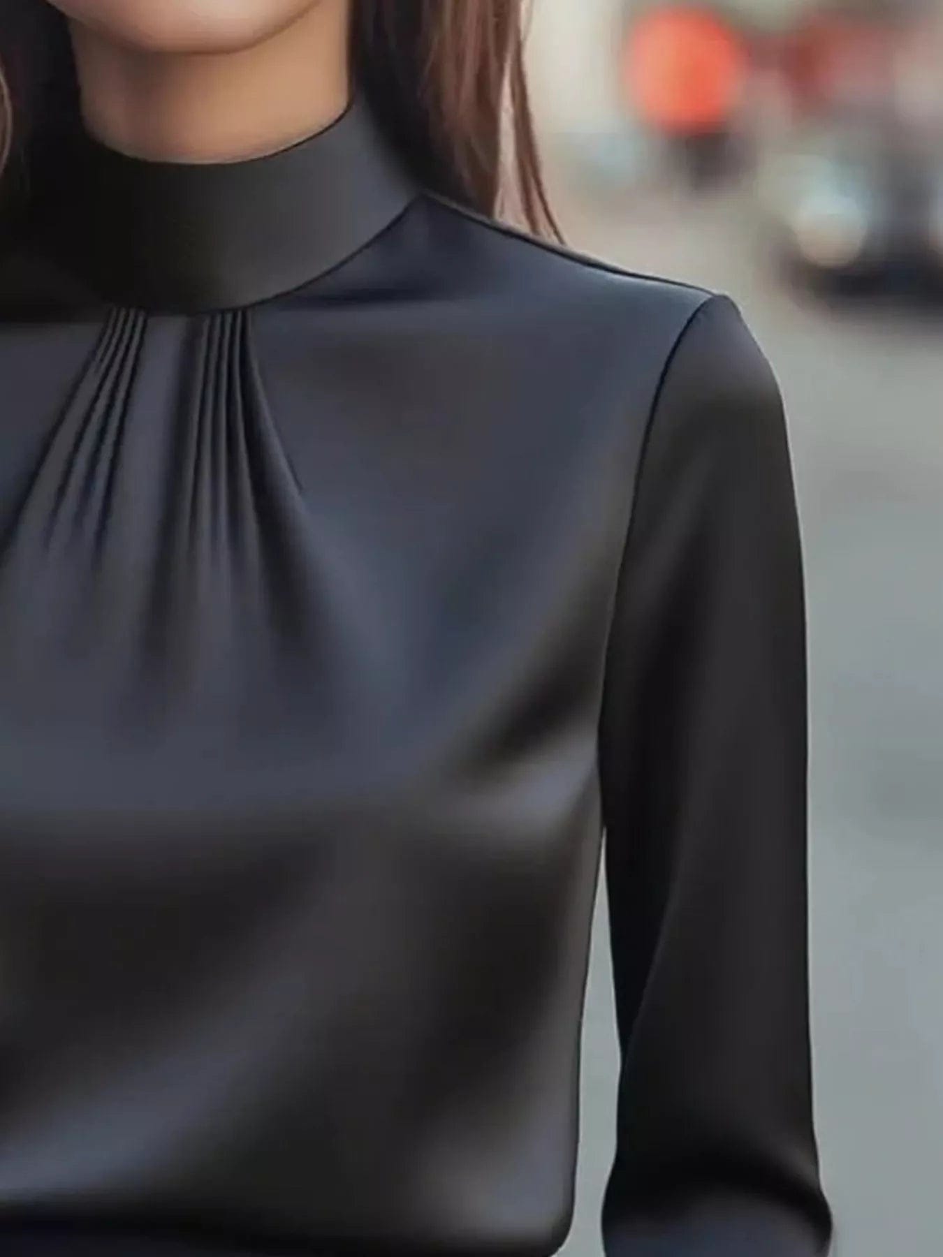 Mock Neck Long Sleeve Blouse with Pleated Detail - Image 3