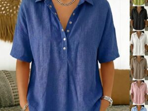 Women’s Elegant Short Sleeve Patchwork Shirt – Solid Color Polyester Blouse