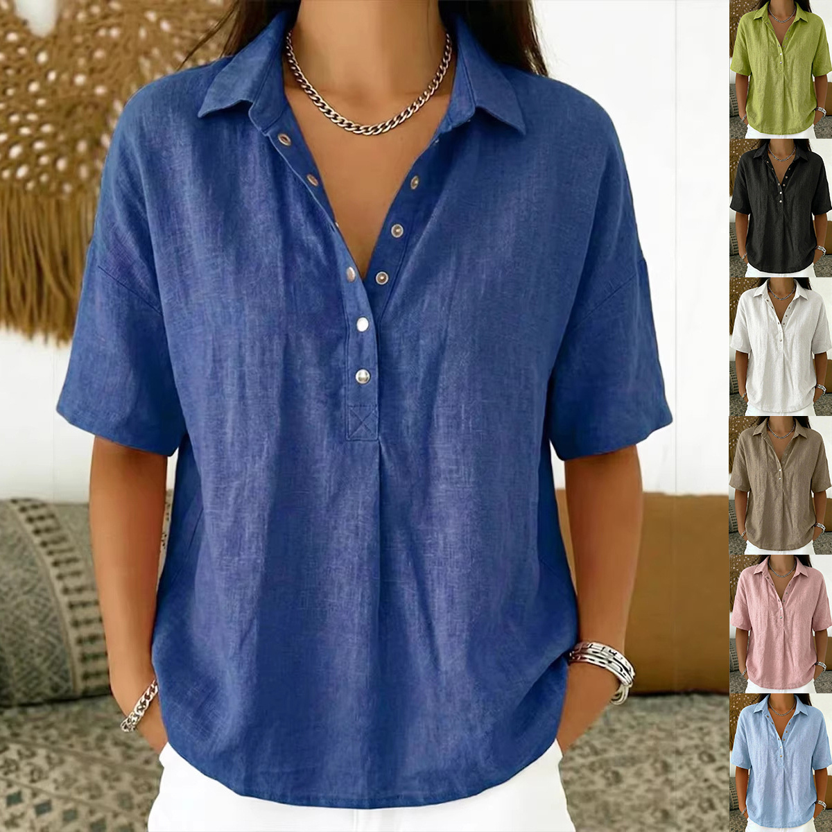 Women’s Elegant Short Sleeve Patchwork Shirt – Solid Color Polyester Blouse