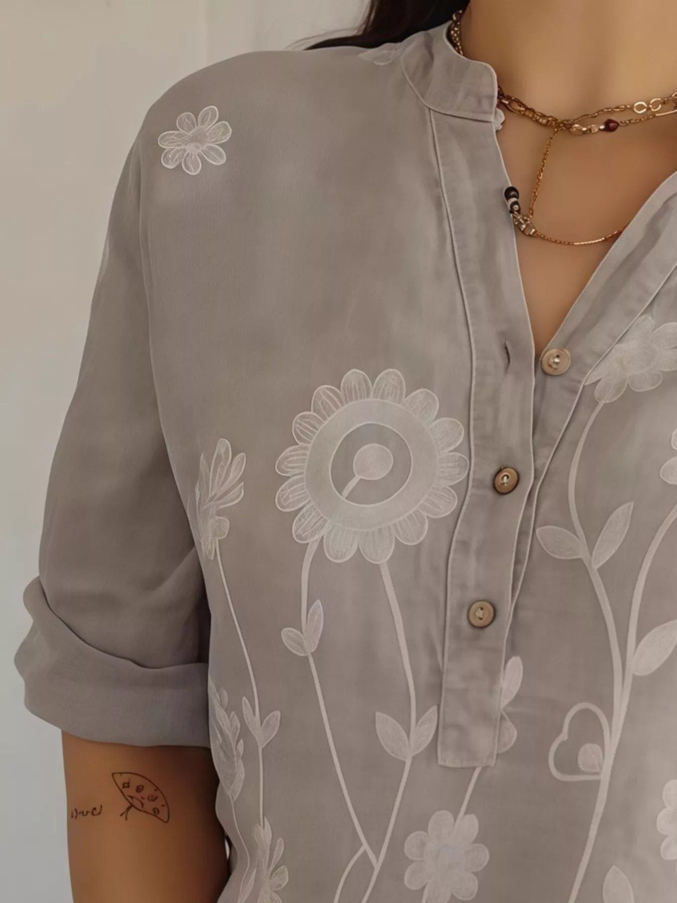 Full Size Plus Size Embroidered Blouse with Floral Button Detail - Image 2