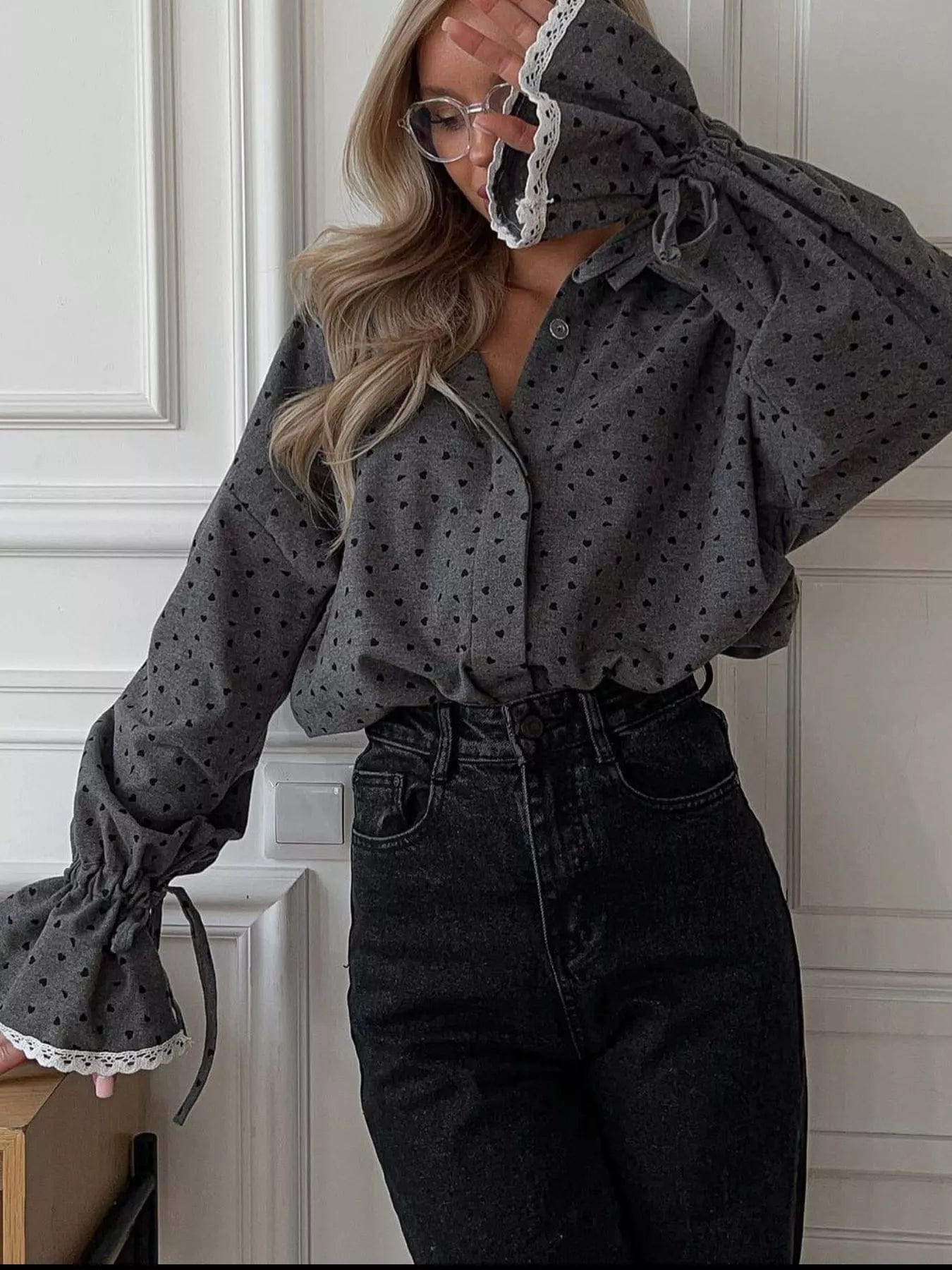 Heart Print Flounce Sleeve Shirt for Effortless Style - Image 4