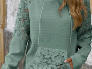 Lace Detail Hoodie with Drawstring and Long Sleeves