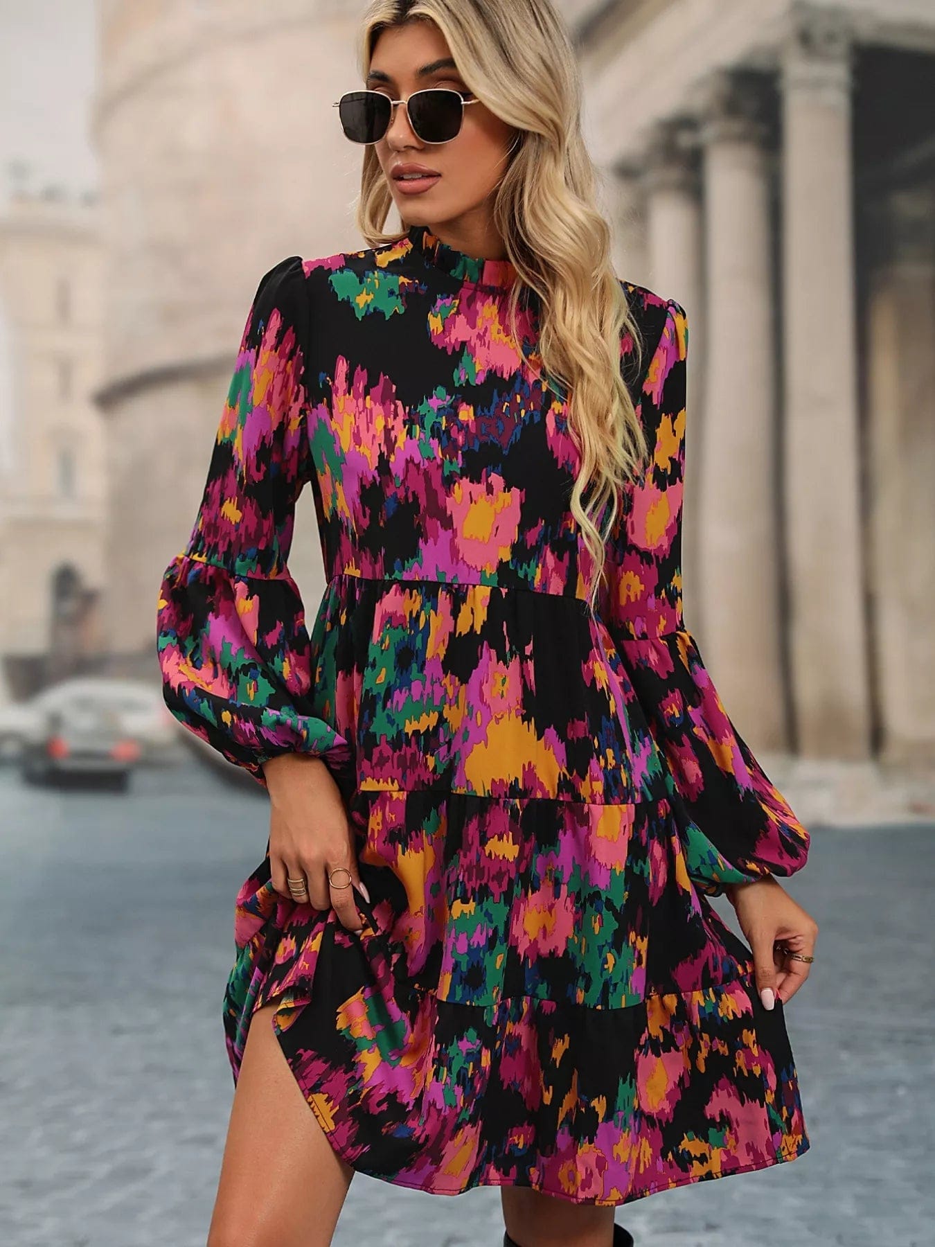 Printed Balloon Sleeve Mini Dress for Effortless Style and Comfort - Image 5