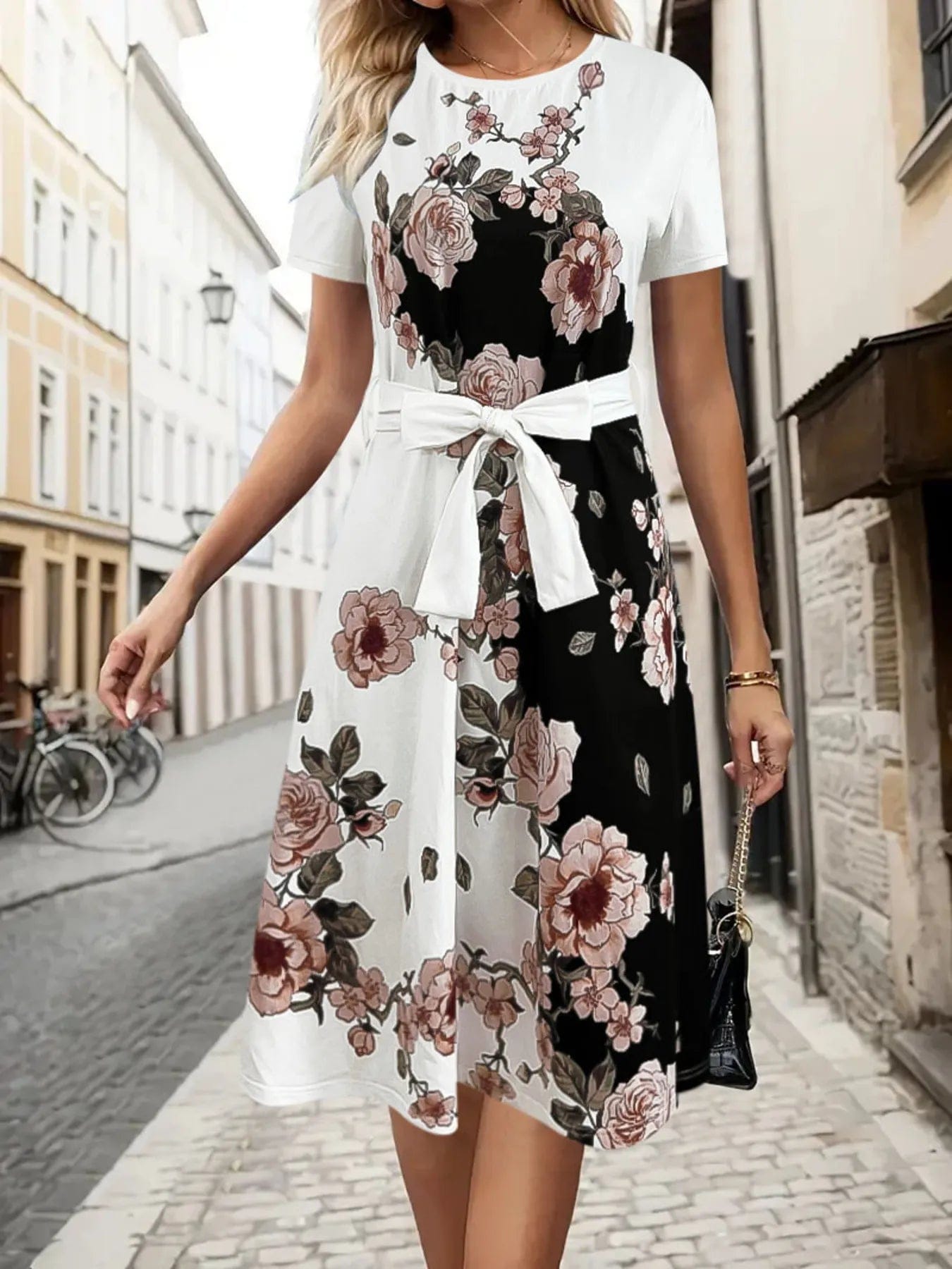 Floral Print Midi Dress with Short Sleeves - Image 3