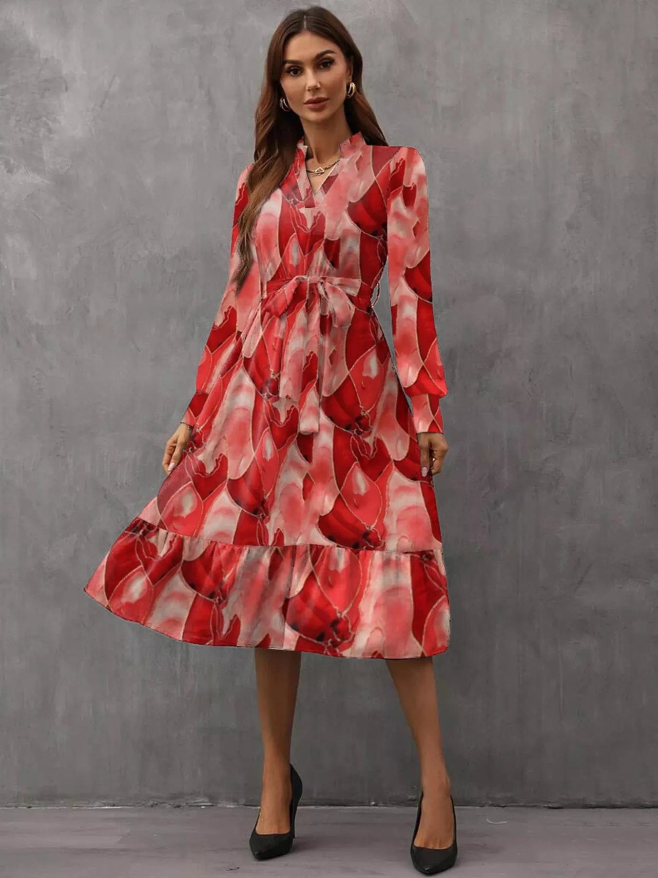 Notched Tie Waist Dress with Long Sleeves - Image 3