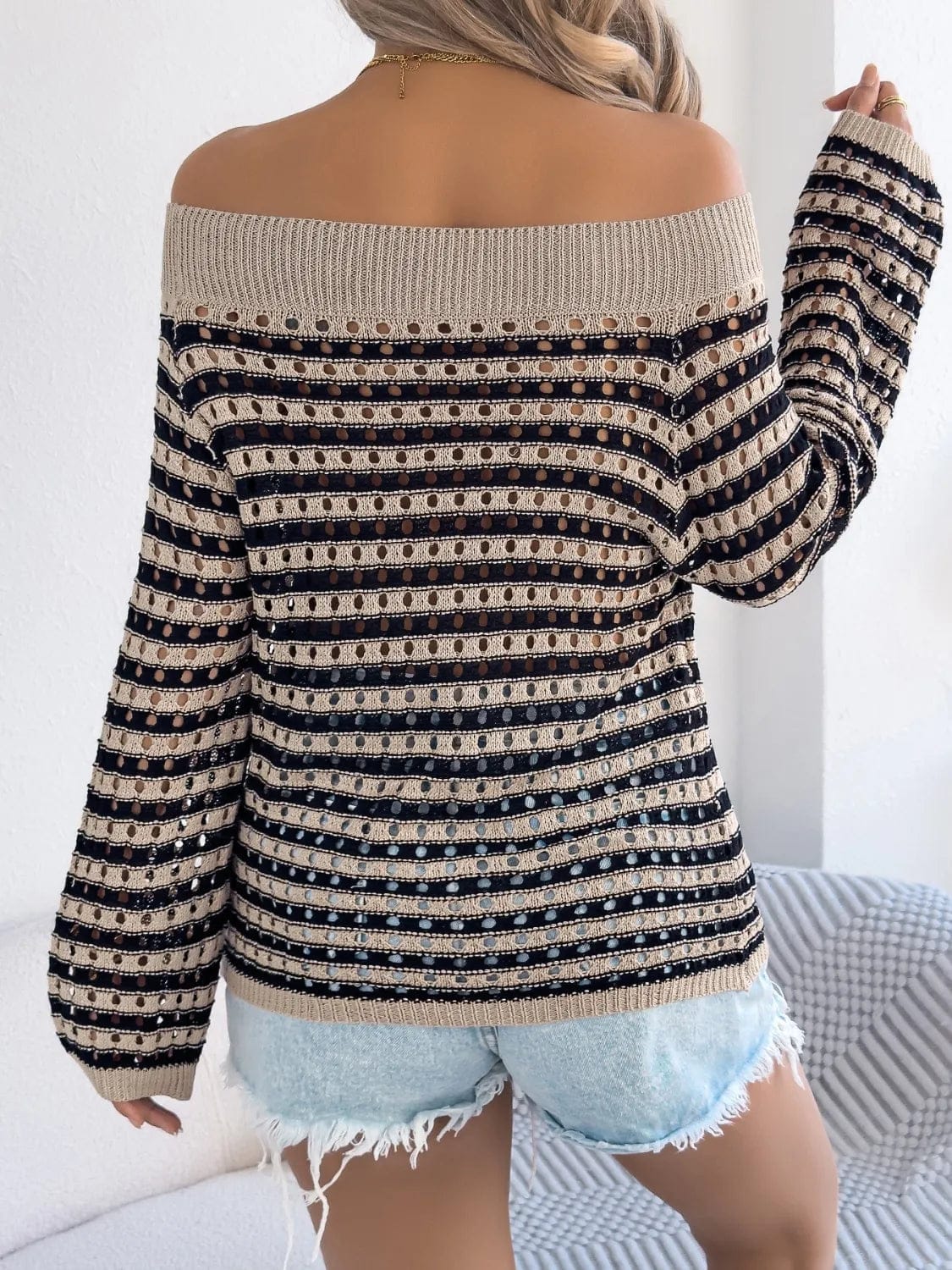 Openwork Striped Off-Shoulder Top for Trendy Summer Fashion - Image 2