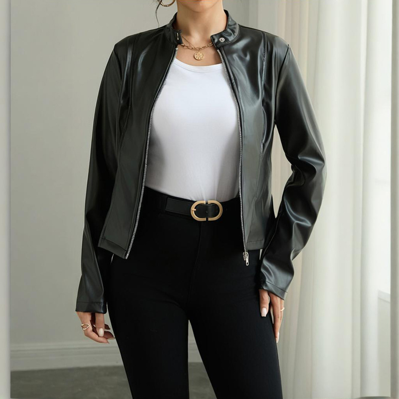 Women's Solid Color Long Sleeve Stand Collar Faux Leather Blazer - Single Button Zippered Jacket For Fall&Winter - Image 7