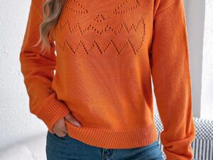 Openwork Long Sleeve Sweater with Round Neck Design