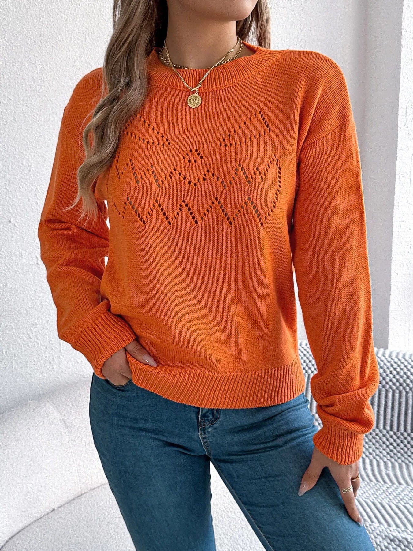 Openwork Long Sleeve Sweater with Round Neck Design