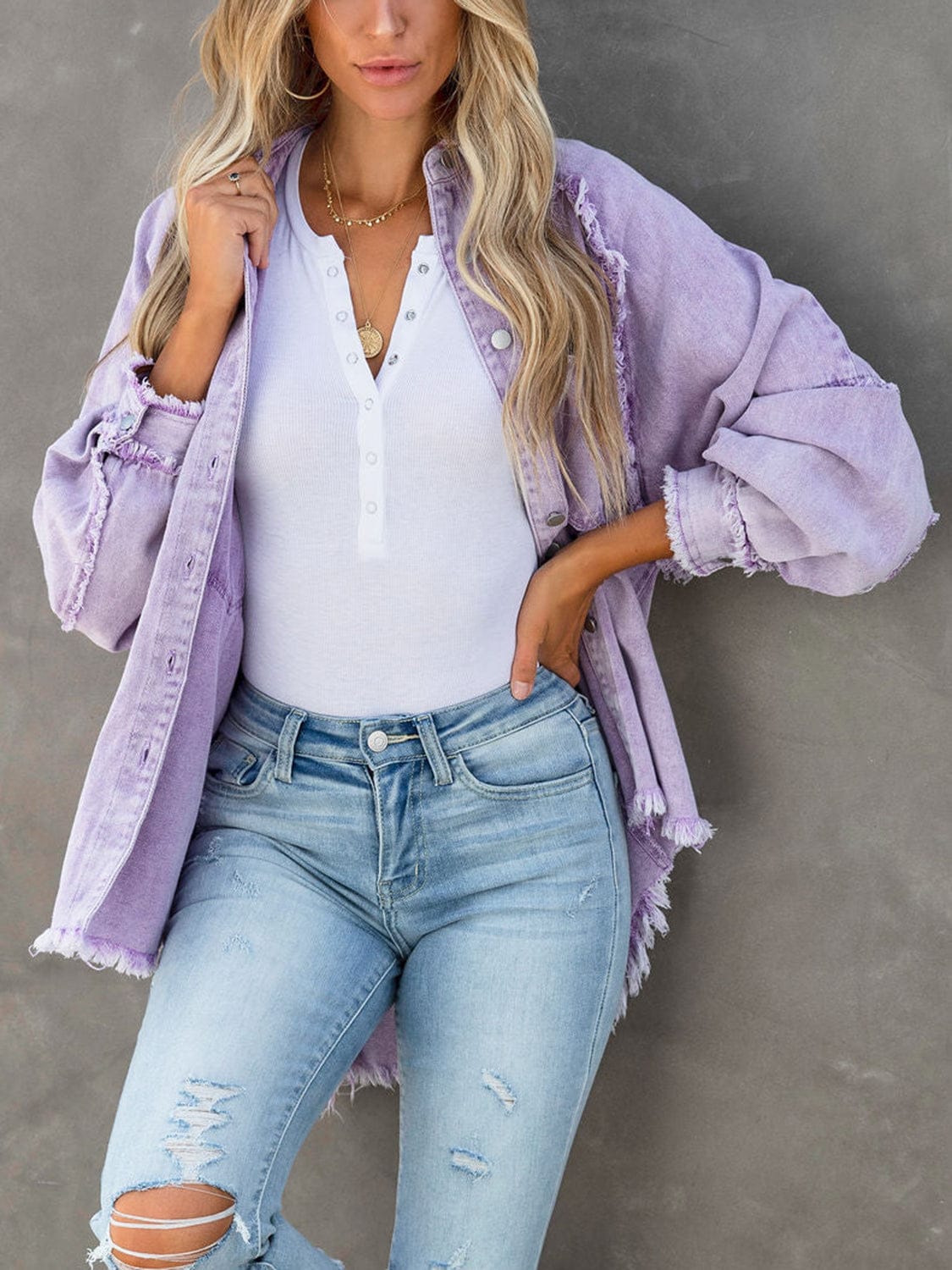 Button Down Denim Jacket with Raw Hem Details - Image 4