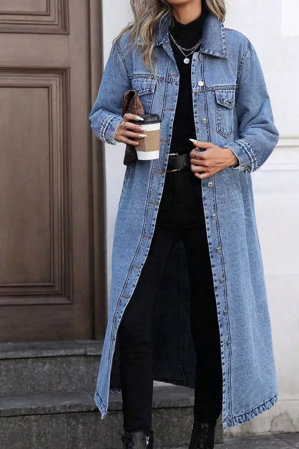 Longline Denim Jacket with Button-Front Design for Stylish Layering - Image 2