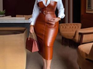 V-Neck Leather Trim Shirt Dress – Belted Statement Work-to-Evening Dress