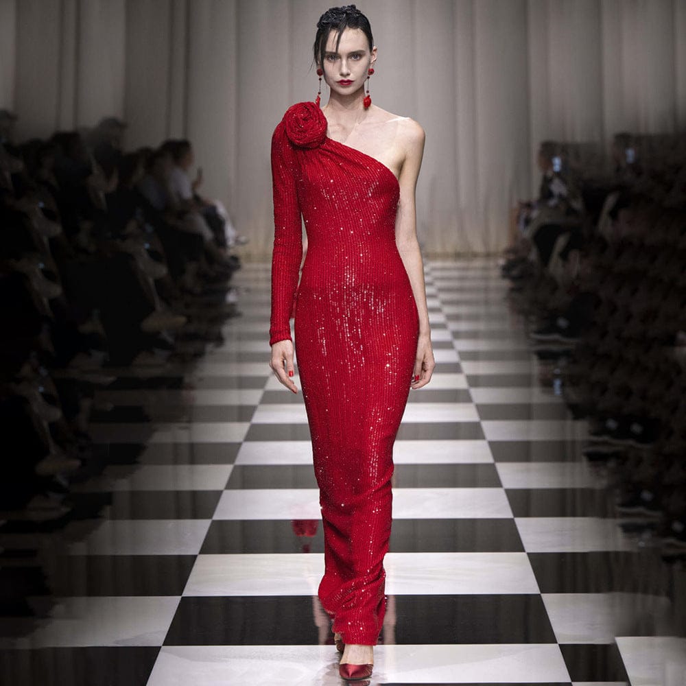 Luxury Rose Red Sequin Evening Gown - Image 4