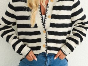Button Down Striped Long Sleeve Cardigan for Effortless Style