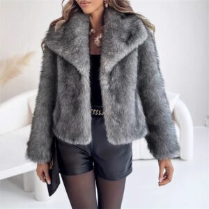 Lapel Long Sleeve Fur Coat – Luxurious Artificial Fur Outerwear