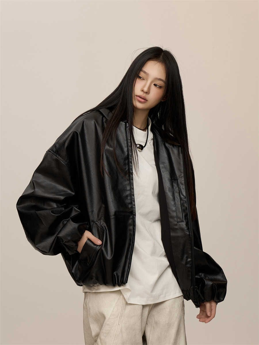 Women's Leather Hooded Coat in Black - Image 5