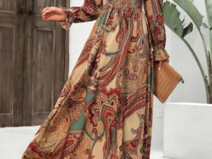 Smocked Printed V-Neck Dress with Flounce Sleeves