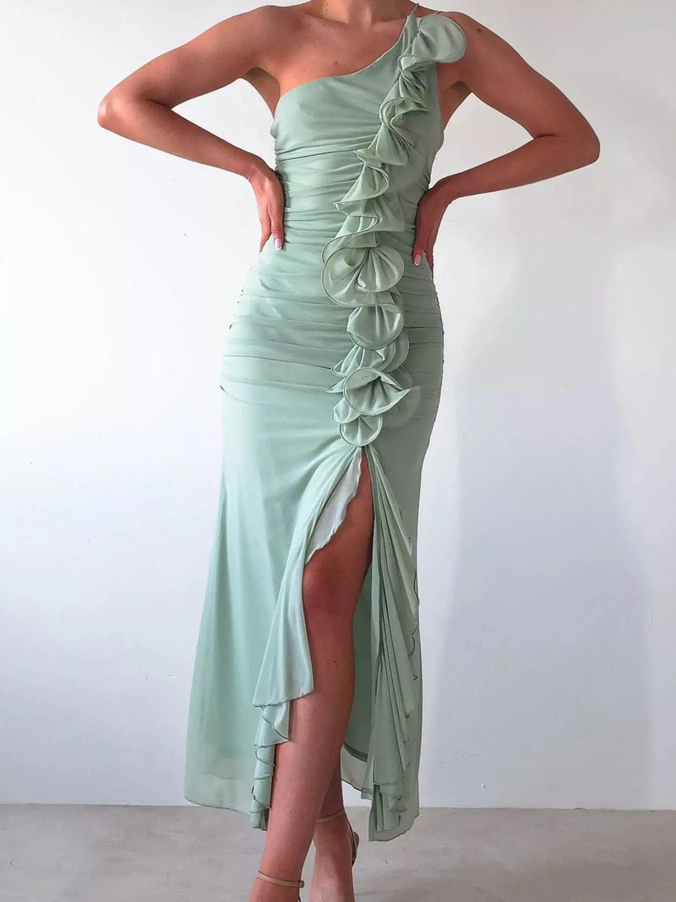 One-Shoulder Ruffle Dress with Slit - Image 4