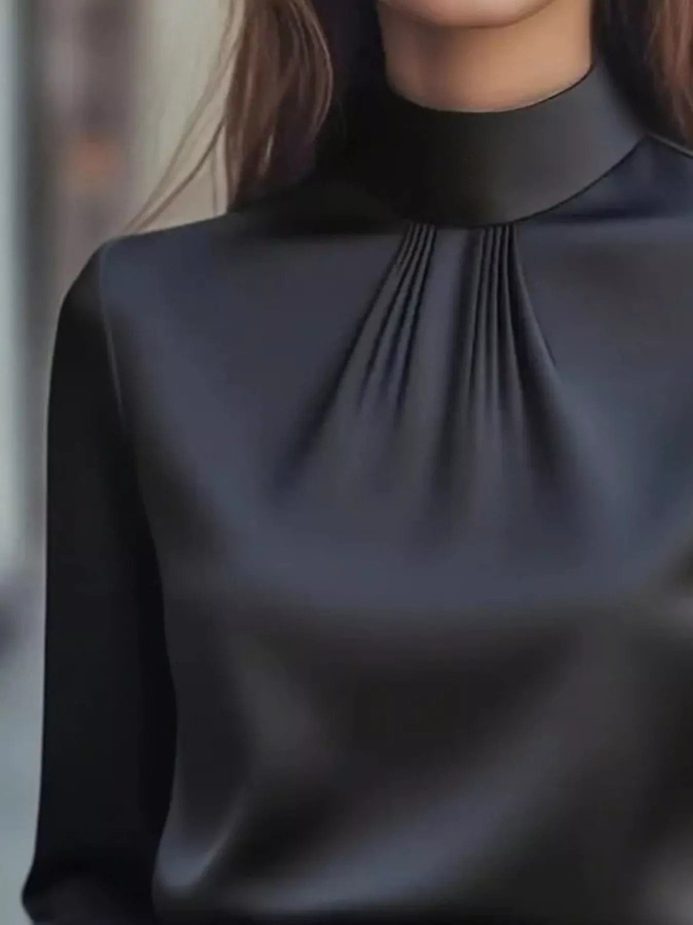 Mock Neck Long Sleeve Blouse with Pleated Detail - Image 2