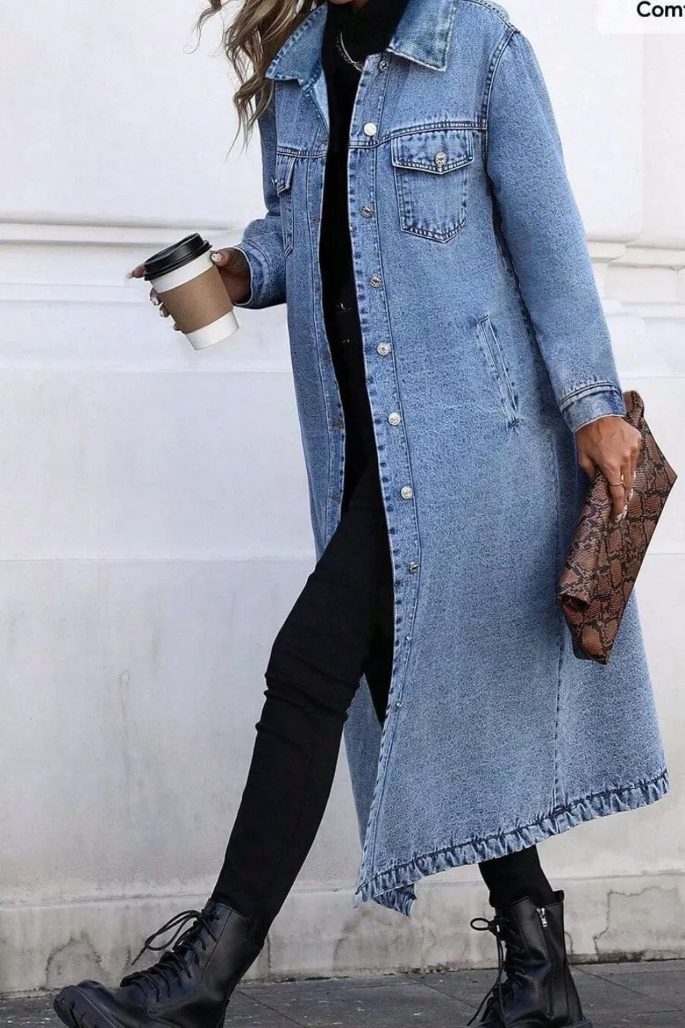 Longline Denim Jacket with Button-Front Design for Stylish Layering - Image 4