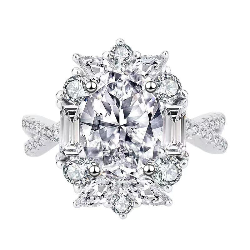 Luxury Oval Simulated Moissanite Ring – White Gold Plated Cluster Zircon Ring - Image 3