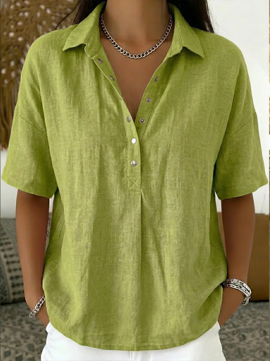 Women’s Elegant Short Sleeve Patchwork Shirt – Solid Color Polyester Blouse - Image 4