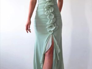 One-Shoulder Ruffle Dress with Slit