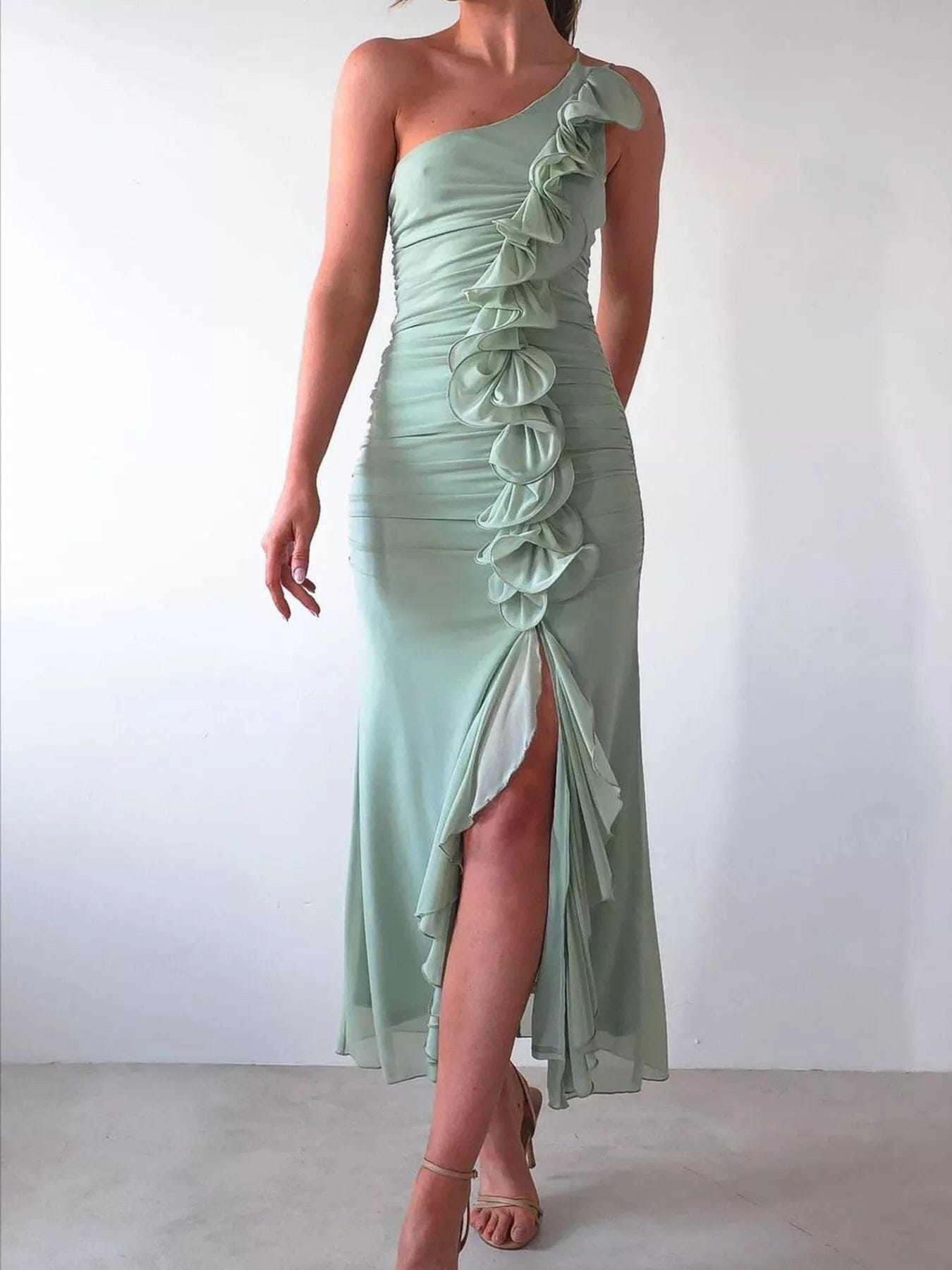 One-Shoulder Ruffle Dress with Slit