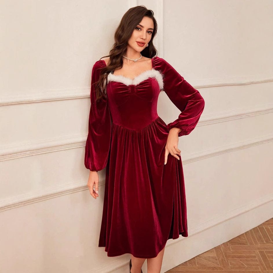 Christmas Red Velvet Dress for Party - Long Sleeve Elegance - Image 3