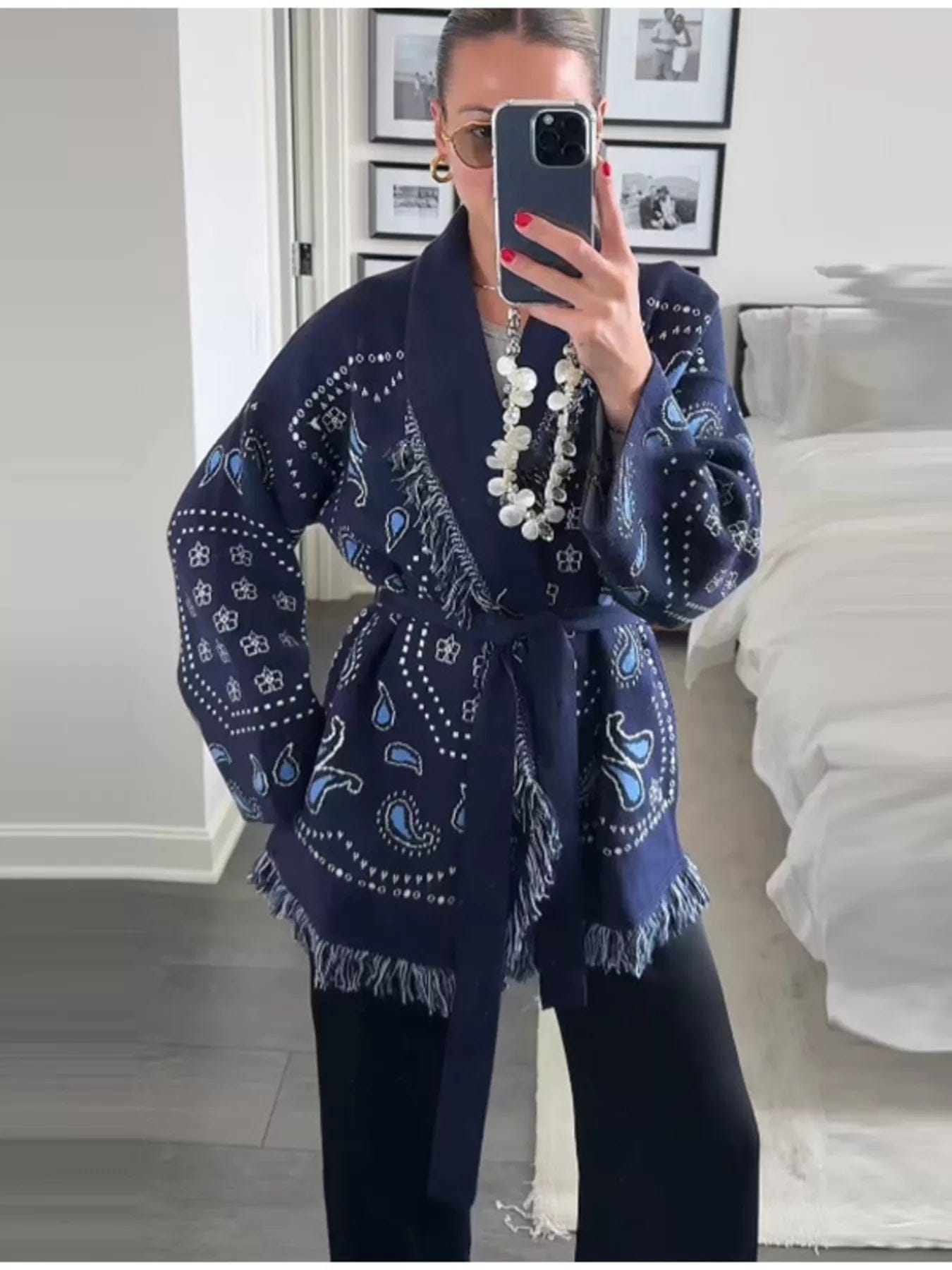 Printed Fringe Cardigan for Chic Layering with Long Sleeves - Image 5