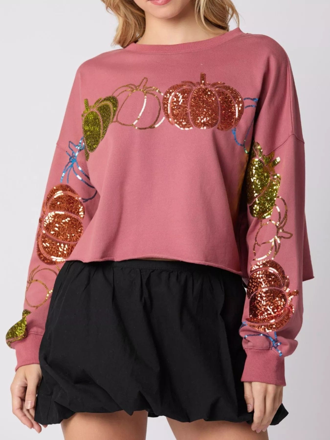 Sequined Pumpkin Sweatshirt for Halloween - Cozy Crop Style