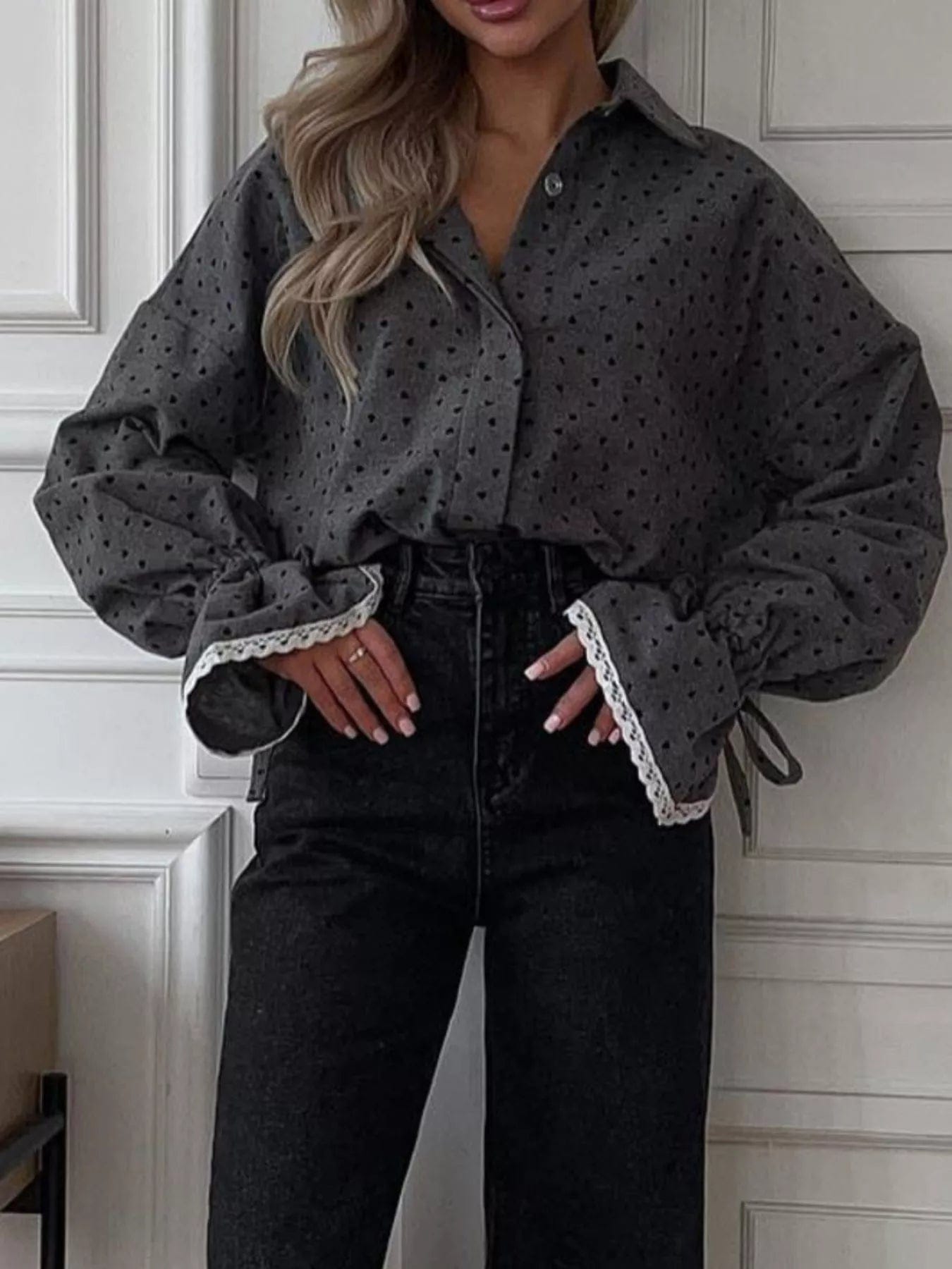 Heart Print Flounce Sleeve Shirt for Effortless Style - Image 2