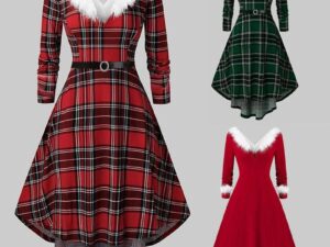 Women's Christmas Fur Dress - Long Sleeved Patchwork Design for Holiday Cheer