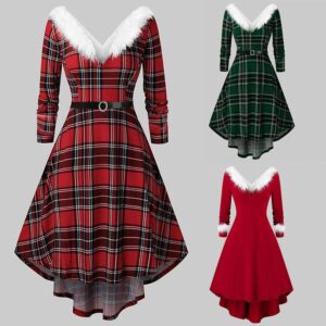 Women's Christmas Fur Dress - Long Sleeved Patchwork Design for Holiday Cheer