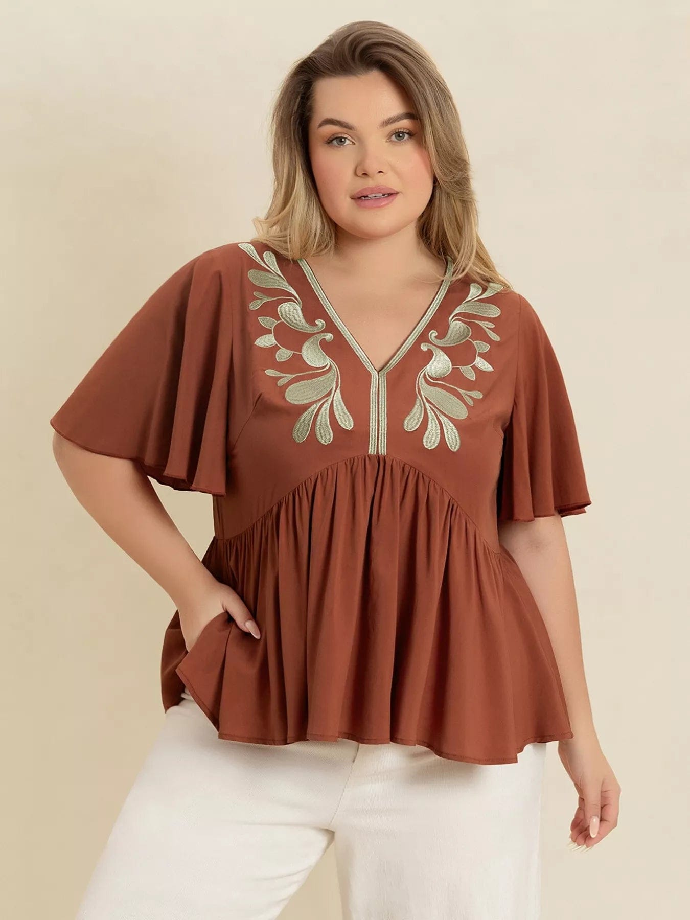 Plus Size Embroidered Blouse with V-Neck and Flutter Sleeves - Image 3