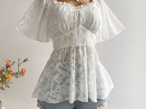 Plus Size Floral Blouse with Flutter Sleeves and Smocked Back