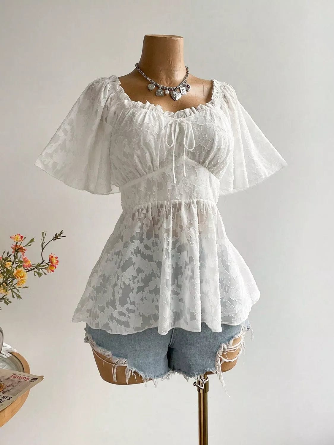 Plus Size Floral Blouse with Flutter Sleeves and Smocked Back