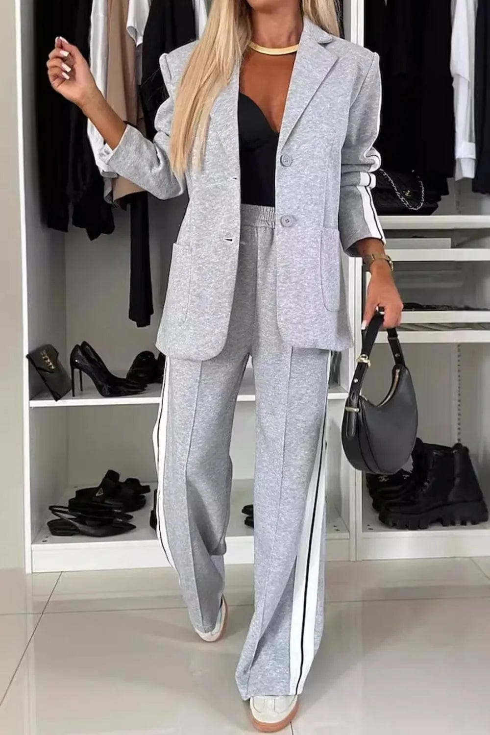 Full Size Contrast Collar Top and Pants Set for Effortless Style