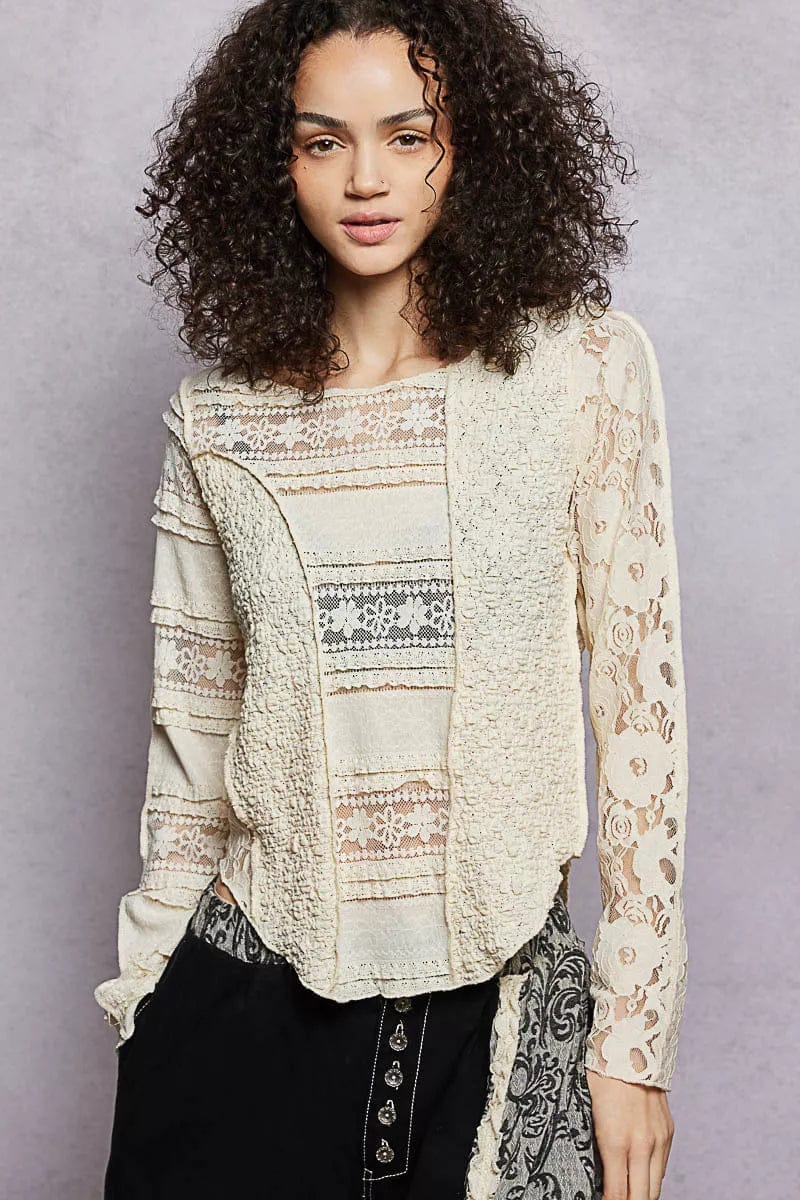 Women's Lace Long Sleeve Top - Elegant Slim-Fit Round Neck Blouse - Image 2