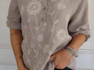 Full Size Plus Size Embroidered Blouse with Floral Button Detail